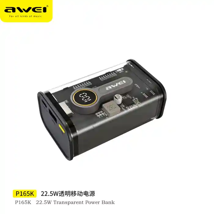 Awei P165K 22.5W 10000MAH Transparent PD Super Fast Power Bank Fast Charging Ultra Slim Power bank